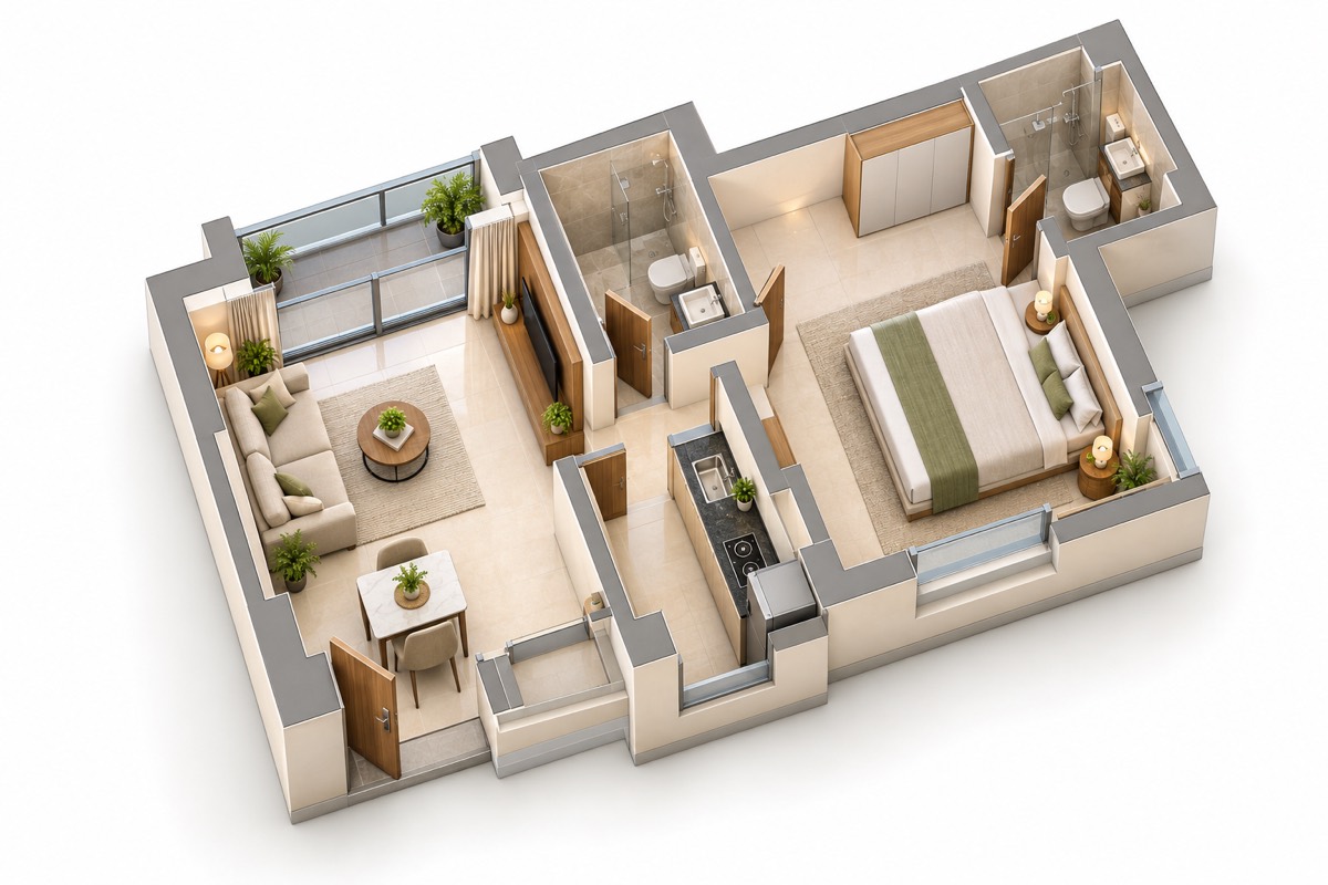 신축 고층 타워 원베드룸 (1BHK) · 평면도 · 주거 예시
