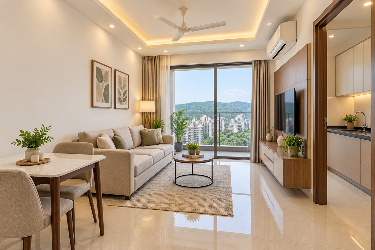 신축 고층 타워 원베드룸 (1BHK) · 실내 · 주거 예시