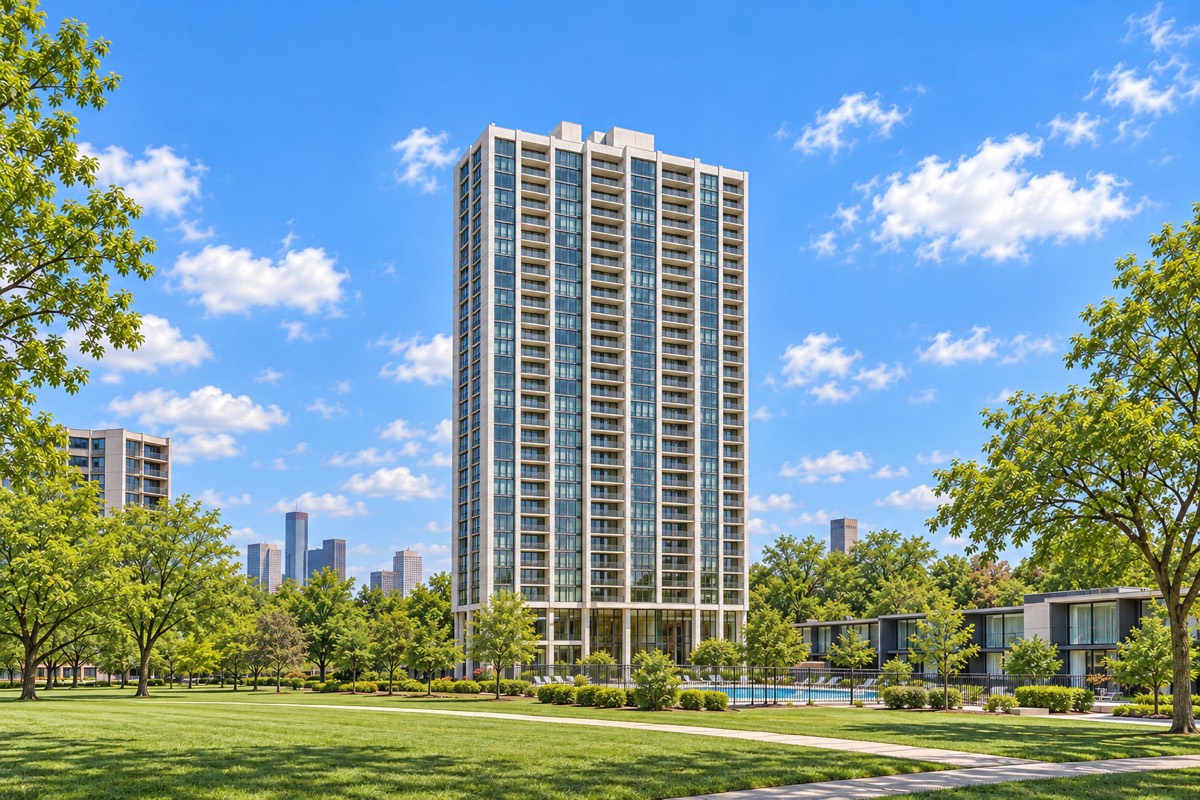 21st-floor one-bedroom in a 1964 high-rise · Exterior · Home illustration