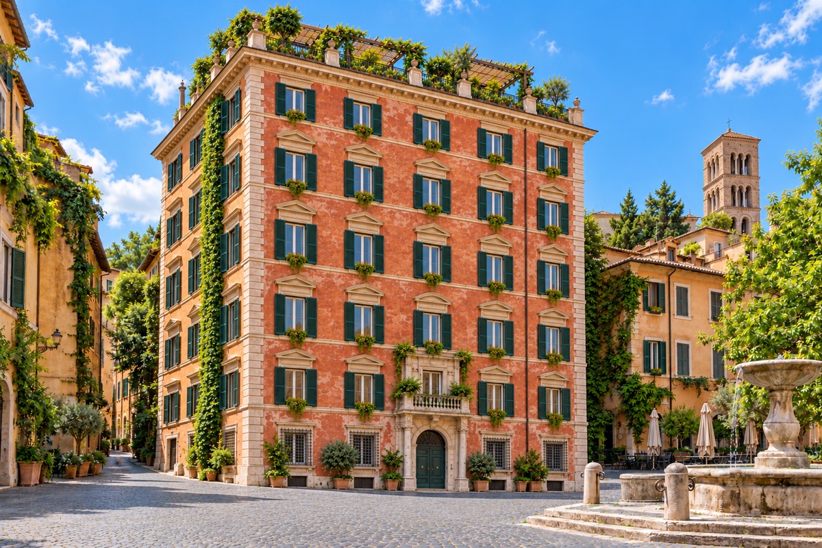 Three-level penthouse overlooking a piazza · Exterior · Home illustration