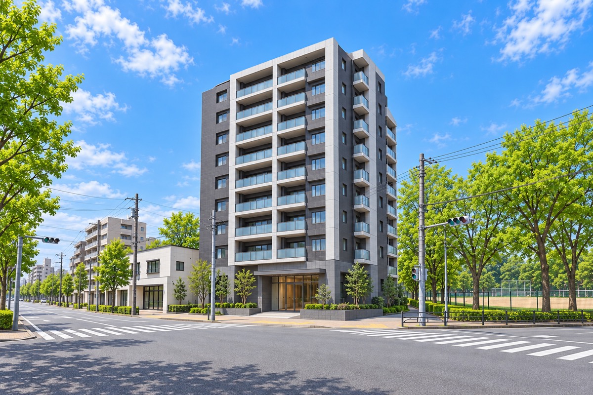 Corner one-bedroom in an 11-story building from 2008 · Exterior · Home illustration