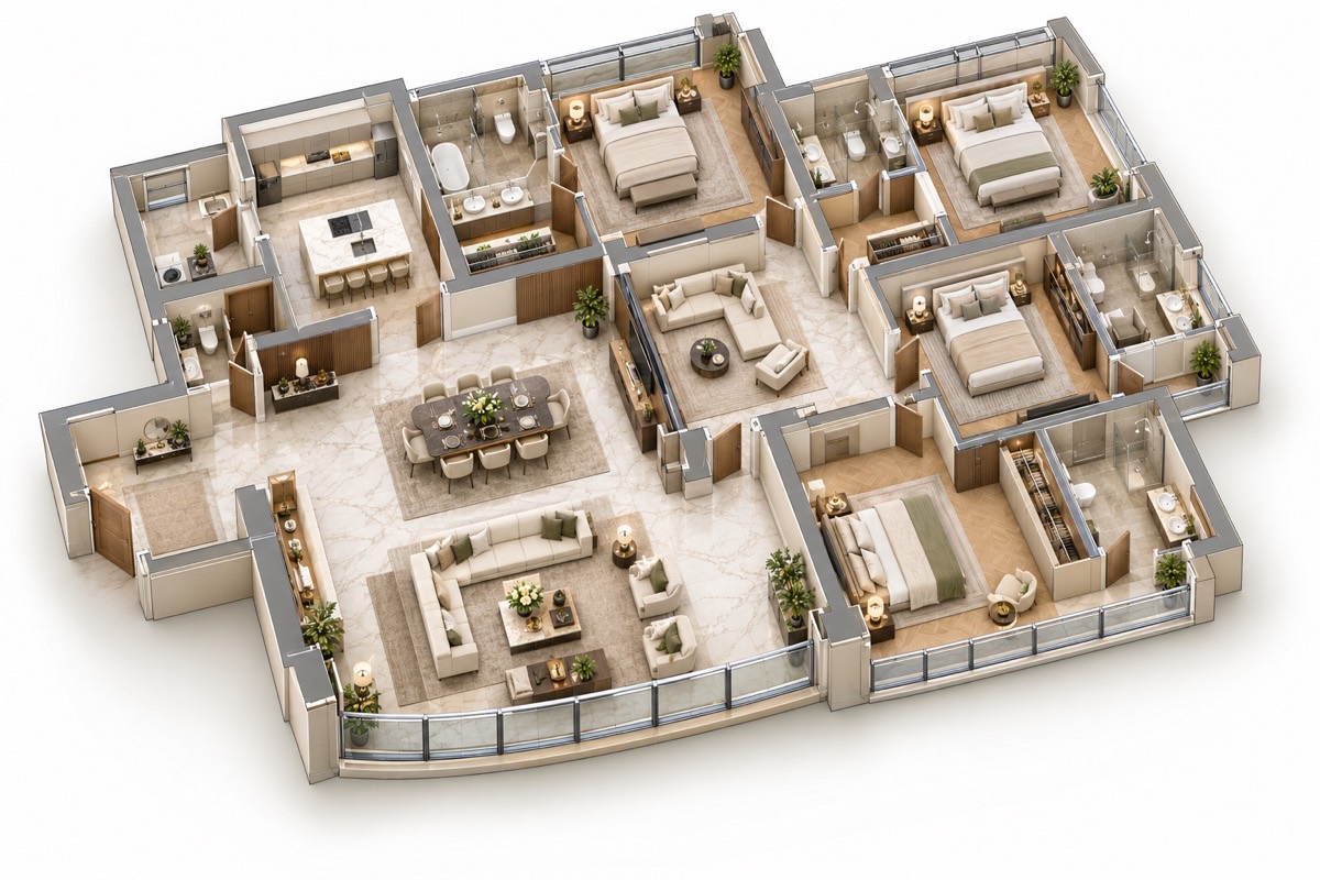 초고층 타워 포베드룸 아파트 (4BHK) · 평면도 · 주거 예시