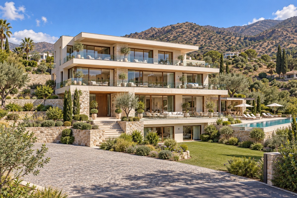 Hilltop mansion with an indoor pool · Exterior · Home illustration
