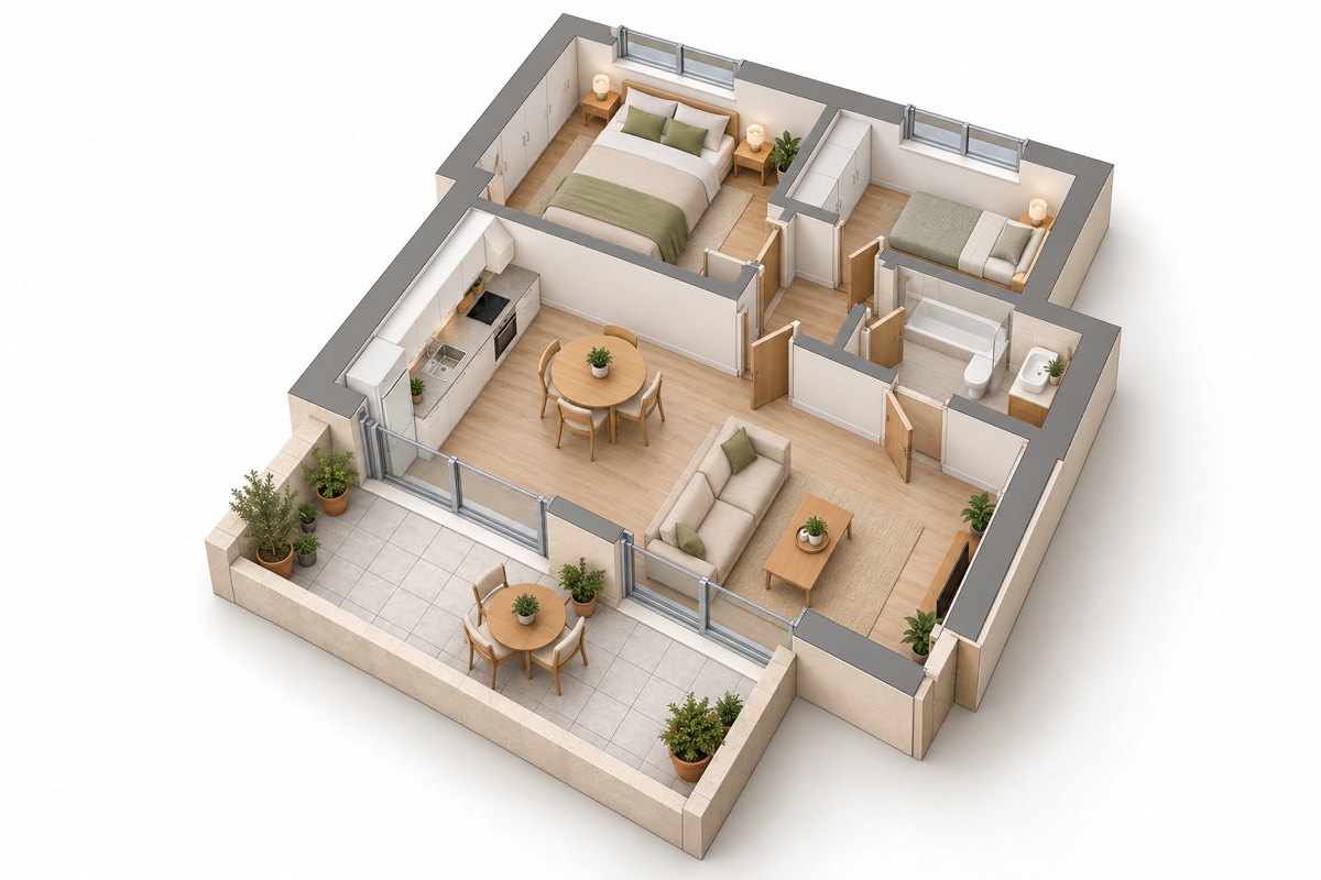 테라스 딸린 1층 구축 투룸 (T2) · 평면도 · 주거 예시