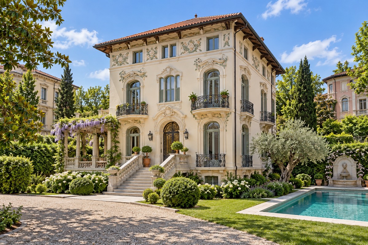 Liberty-style villa apartment with a garden and pool · Exterior · Home illustration